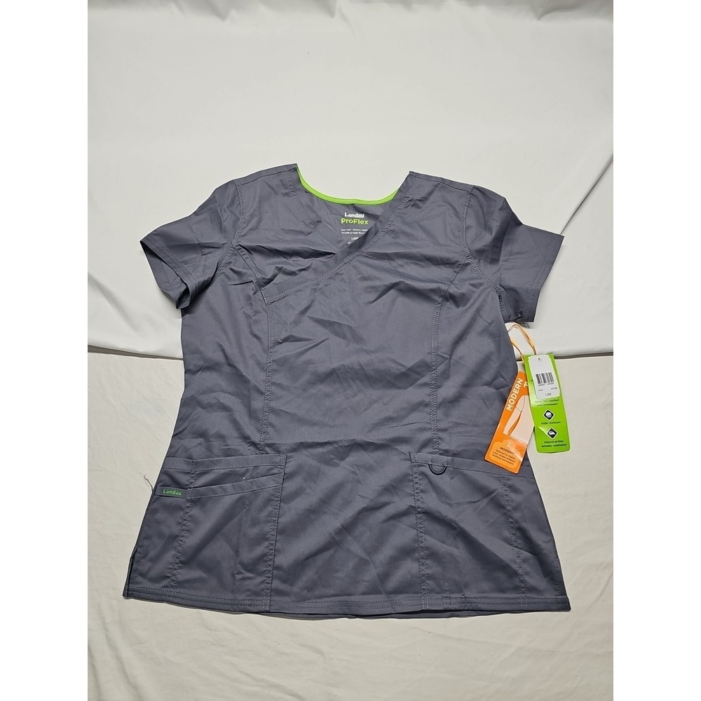 Landau ProFlex V-Neck Modern‎ Fit Scrub Top Women's Large Graphite Gray 4161 NWT